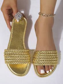 Women's Flat Sandals, Open Toe, Gold Woven Fashion Lace-Up Style Beach Flat Slippers, Designer Collection, Summer - Gold - View 13
