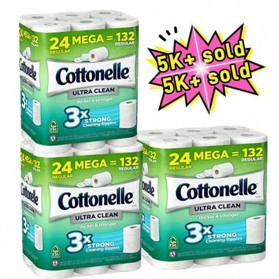 ⭐ Cottonelle Ultra Clean Toilet Paper,24 Family Mega Rolls = 132 Regular Rolls,9 Mega Rolls = 36 Regular Rolls,4 Extra Large Rolls (Equivalent To 16 Regular Rolls) - Ultra Clean Care With A Wavy Texture, Effectively Cleans, Septic TankSafe And Clog-Proof, Soft And Strong, Value Pack. Cottonelle Toilet Paper, Extra Large Rolls, Septic TankSafe Paper, Clog-Proof, Soft And Strong, Ultra Clean Texture, Flushable Toilet Paper,Packaging May Vary