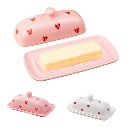 1pc Romantic Heart Pattern Ceramic Butter Dish With Lid, Elegant Porcelain Butter Holder With Raised Non-Slip Strip, Decorative Butter Keeper Container For Countertop & Fridge, Perfect For Valentine's Day, Anniversary, Wedding Dinner Center Table Decorations And Gifts