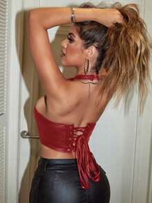 Apperloth A Y2K V-Neck Rivet Front Lace-Up Backless PU Leather Camisole Crop Top, Avant-Garde Sexy For Party, Music Festival, Valentine's Day - Red - View 4