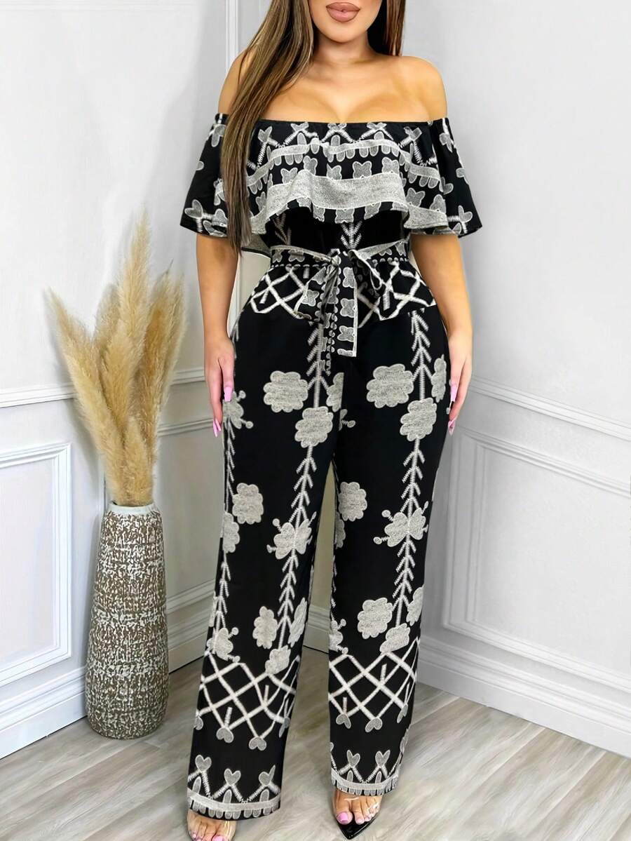 Bộ jumpsuit nữ dáng rộng, in họa tiết, bèo nhún, trễ vai, có thắt lưng, ống rộng, thích hợp cho kỳ nghỉ hè, phong cách boho. - màu đen - Xem 1