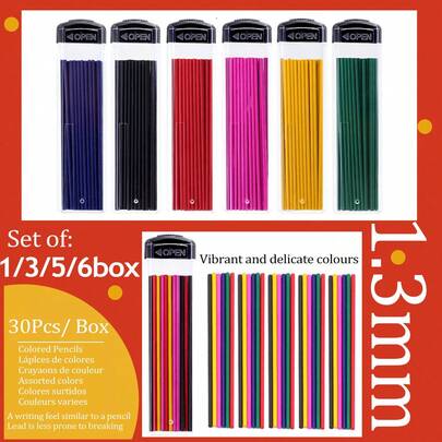 1.3毫米彩色自动铅笔芯套装 - 1/3/6盒装（1盒=30支笔芯），1.3毫米自动铅笔芯，混合蓝色、红色、黄色、粉色、绿色，适用于自动铅笔的艺术绘画书写标记笔芯