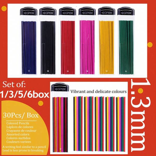 طقم أقلام رصاص ميكانيكية ملونة 1.3 مم - 1/3/6 علب (1 علبة = 30 قطعة إعادة تعبئة)، أقلام رصاص ميكانيكية 1.3 مم، متعددة الألوان (أزرق وأحمر وأصفر وزهري وأخضر)، رصاص للرسم والكتابة والتحديد للأقلام الميكانيكية