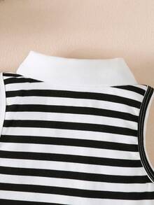 Bộ đồ 2 món cho bé gái: áo hai dây cổ cao kẻ sọc và quần dài, trang phục mùa hè thường ngày. - Đen và trắng - Xem 7