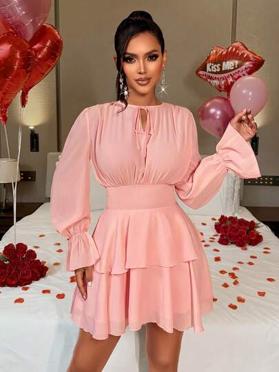 Amarilo Sexy Valentine's Day Long Sleeve Mini Wrap Dress - V-Neck, Chiffon Ruffle Layered Design, Suitable For Cocktail Parties, Formal Events And Special Occasions