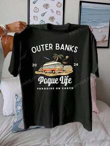 1Pcs,2026,Outer Bank Graphic Print Casual Round Neck Short Sleeve T-Shirt, Minimalist Design For Everyday Wear-Premium Cotton Graphic Printed Round Neck T-Shirts-365T,Vacation Outfits,Summer,Shirts,White Shirt,Graphic Tees ,Summer Tops,Black Top,Going Out Tops - 黑色 - 查看 1