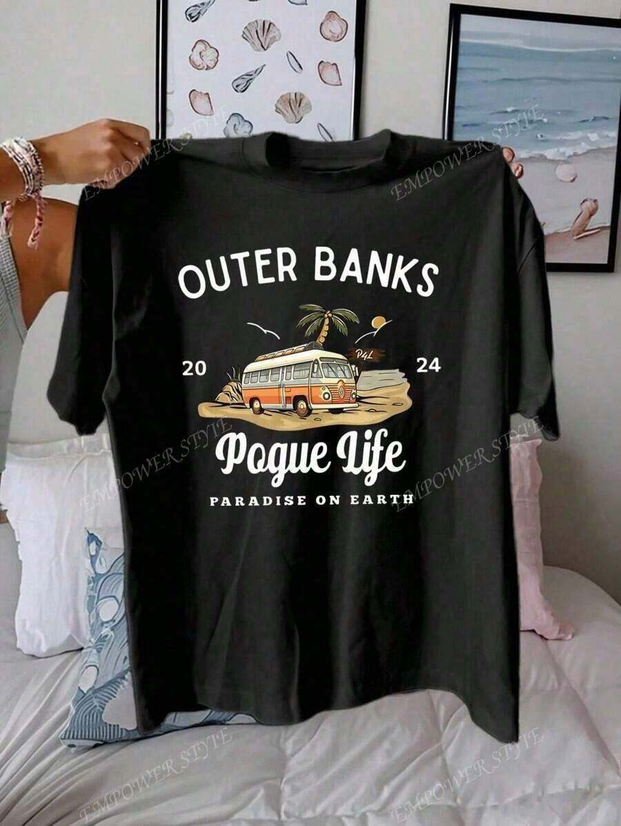 1Pcs,2026,Outer Bank Graphic Print Casual Round Neck Short Sleeve T-Shirt, Minimalist Design For Everyday Wear-Premium Cotton Graphic Printed Round Neck T-Shirts-365T,Vacation Outfits,Summer,Shirts,White Shirt,Graphic Tees ,Summer Tops,Black Top,Going Out Tops - 黑色 - 查看 1