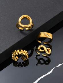 男士4件套简约不锈钢金色戒指套装，包含星形图案和圆形水钻元素，适合日常佩戴、节日、约会、订婚、婚礼、送礼等场合。