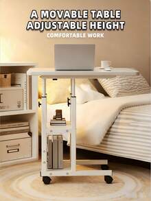 1pc White Wooden Laptop Desk - Adjustable Height Bedside Work Table With Wheels, Portable Office Stand For Bedroom, Living Room, Dorm, Office - Space Saving Design