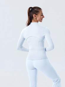 Women Slim Fit Sports BBL Jacket With Thumb Hole Stand Collar Zip Up - Tinh bột xanh/vàng - Xem 5