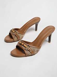 Women's Mid Heel Peep Toe Buckle Strap Sandals, High Heels - Brown - View 1