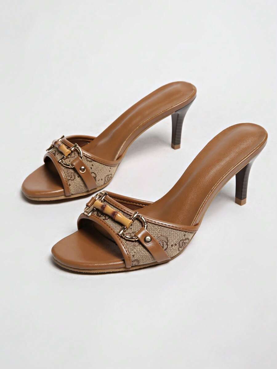 Women's Mid Heel Peep Toe Buckle Strap Sandals, High Heels - Brown - View 1