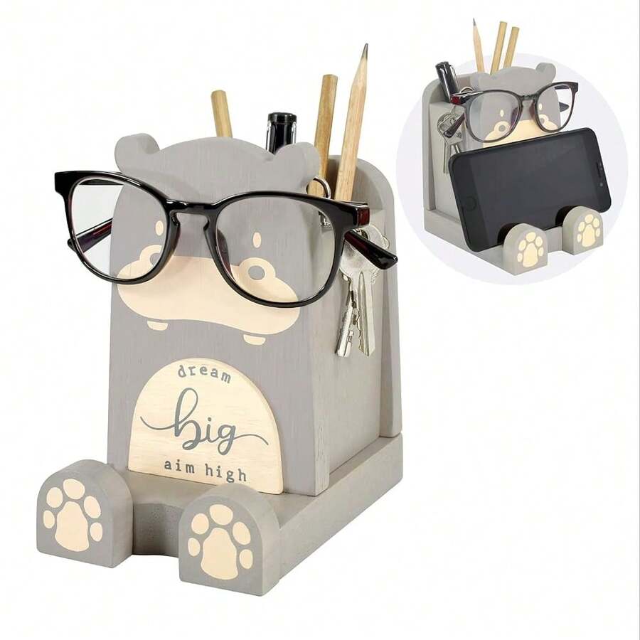 I'm Wood Multipurpose Eyeglass Phone Pen & Pencil Holder Stand Stationery Desk Box Organizer Accessories Decor Home Office Desktop Birthday Graduation Gifts "Dream Big Aim High" (Hippo) - Hippo - 查看 1