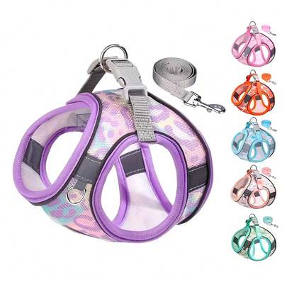 1 Set Colorful Printed Breathable Mesh Pet Harness And Leash, Made Of Durable Breathable Mesh Fabric With Vibrant Prints, Soft And Sturdy; Featuring High-Visibility Reflective Strips.