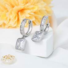 Bông tai dạng vòng vuông bằng bạc Sterling 925 đính đá Cubic Zirconia, kiểu dáng thanh lịch cổ điển, phù hợp để đeo hàng ngày, quà tặng sinh nhật. - Bạc - Xem 3