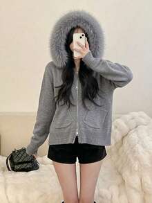 Women Zip-Up Knitted Cardigan With Faux Fur Collar Hoodie, Casual Autumn/Winter Top