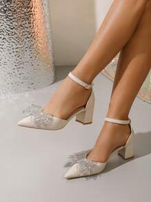 Spring New Fashion Women's Pointed Toe Wedding High Heels, Hollow Out Thick Heel Rhinestone Bow Casual Comfortable Shoes - Apricot - View 2