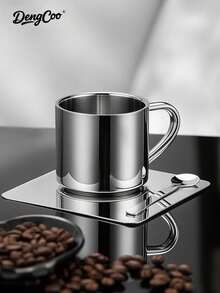 Dengcoo 3 PiecesCoffee Cup Set, Milanese Style Coffee Cup Set, Stainless Steel Coffee Cup With Saucer And Spoon, Ins Style Mug, Tea Cup, Espresso Cup, Pour Over Coffee Cup, Suitable For Holiday Gifts, Home And Back To School Season - Cup - View 5