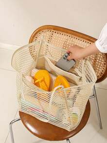 Große faltbare Mesh-Strandtasche, Damen Schultertasche, Mesh-Strandtasche mit Taschen zum Tragen von Bademode, Toilettenartikeln, Strandaccessoires - Verschiedenfarbig - Übersicht 5