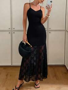 Sleeveless Solid Woven Fabric Contrast Lace Sheer A-Line Dress, Suitable For Vacation, Party, Date Night, Banquet, Everyday Black Summer Elegant - Black - View 3