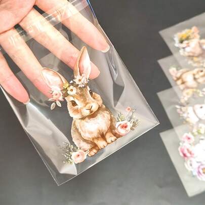 100pcs Easter Bunny & Flower Pattern Gift Bags, Cute Rabbit & Spring Flower Design Transparent Self-Adhesive Packaging Bags, 4 Different Patterns Mixed - Ideal For Easter And Themed Party Gifts Packaging, Etc.
