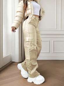 纯色多口袋纽扣休闲Y2K风优雅可爱轻便工作裤。适合返校、毕业典礼、俱乐部、生日派对、万圣节、新年、感恩节、音乐会、健身房、海滩、度假、商务、日常机场穿搭、街头风、教师节、春、夏、秋、冬等各种场合。 - 杏色 - 查看 8