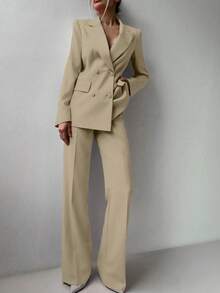 Conjunto de 3 piezas para mujer de otoño/invierno: Top mostaza, chaqueta y pantalones de primavera - Caqui - Ver 6