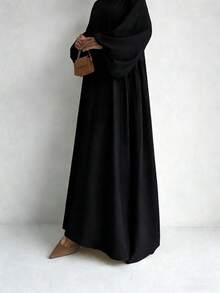 Woven Fabric Modest Long Sleeve Kaftan And Jalabiya With Round Neckline - Black - View 2