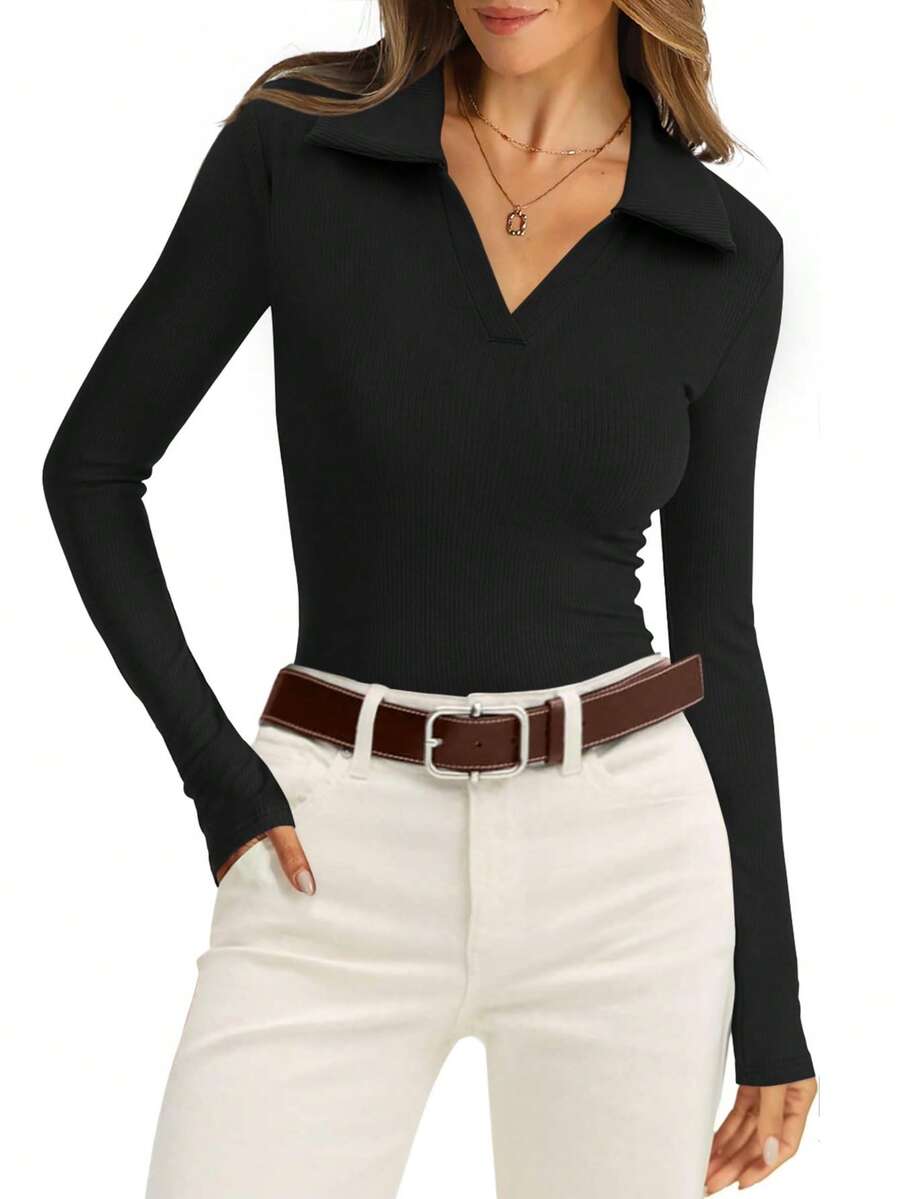 Polo Shirts Long Sleeve Business Casual Tops Collared V Neck Ribbed Knit Sweater Slim Fit Blouses - màu đen - Xem 1
