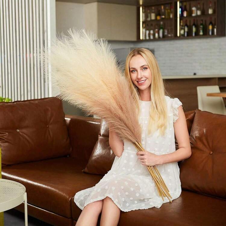 6 tallos de hierba de pampas de imitación KF, hierba de pampas artificial - 43 pulgadas de altura total, extra grande, arreglo floral de pompón boho y relleno de jarrón de piso para decoración del hogar para habitación, boda y fiesta (negro) - Topo degradado - Añade 3