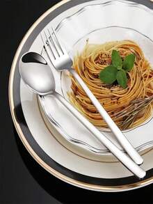 1/5件套不锈钢长柄韩式勺子，汤勺，家用餐具勺叉套装，高品质餐具 - 銀色 - 查看 1