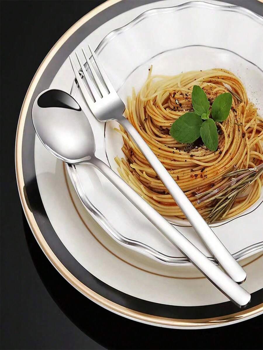 1/5件套不锈钢长柄韩式勺子，汤勺，家用餐具勺叉套装，高品质餐具 - 銀色 - 查看 1