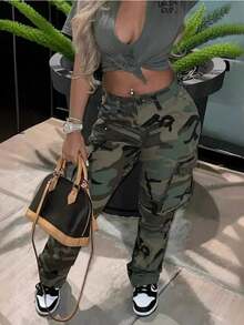 High-Waisted Straight-Leg Camouflage Work Pants For Women. Slimming And Versatile.  And Fashionable. Essential For Daily Casual Wear. Ideal Christmas Gift. - 墨綠色 - 查看 5