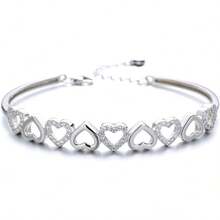 14K Gold Plated Hearts Bangle Adjustable Bracelet With Crystals In 14K Gold - White Gold - 查看 9