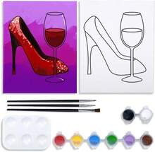 VOCHIC Pre Drawn Canvas Painting Kit For Adults For Painting Party Kit Paint And Sip Party Supplies 8 Colors,3 Brush,1 Pallet Art Set Girl High Heel Glass Bag Lipstick 12x16 Inches - style 2 - 查看 1