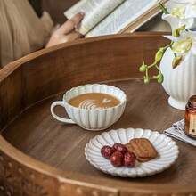 花瓣造型咖啡杯碟套装，活性釉陶瓷，下午茶杯碟，家用拉花杯，高美感 - 白色 - 查看 3