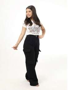Girls' 4-Pocket Cargo Pants, Wide Leg Jeans - Black - View 2