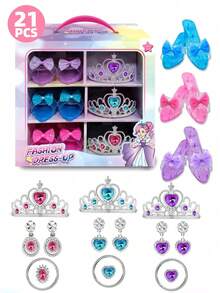 Children's DIY Costume Set, Including 3 Pairs Of Girls' Princess Sandals, 3 Crowns, 3 Bracelets, 3 Rings, 3 Pairs Of Earrings, Princess Crystal Shoes, Party Dress Shoes, Bow Shoes, Role Play Props, Girls' Dress Up Toys, Christmas/Children's Day/Birthday Gift - Multicolor - View 1
