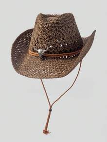 1顶复古镂空宽檐草帽,男女通用户外旅行沙滩遮阳帽,手工编织透气西部牛仔巴拿马帽,春夏款 - 鏤空草帽 - 查看 20