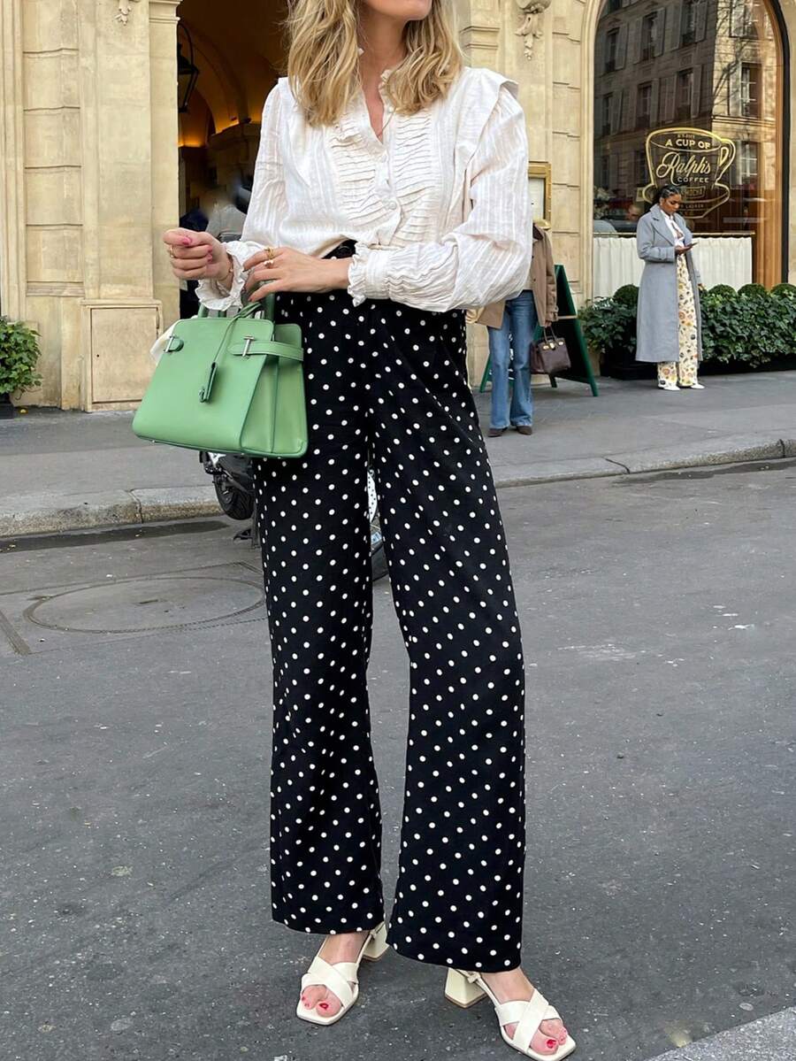 Women's Casual Elegant Street Style Polka Dot Print Wide Leg Pants, Spring/Summer - Black - View 1