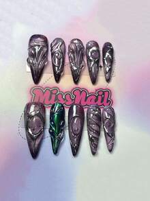 10pcs Retro Style Handmade Nail Art Stickers, Handpressed Artificial Nails, Long Almond Shape, Luxury High-End Style, Reusable False Nails, Nail Art, Suitable For Girls And Women To Wear At Parties Or Daily Life - Multicolor - View 10