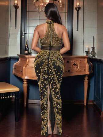 女士优雅立领性感水钻露背晚礼服