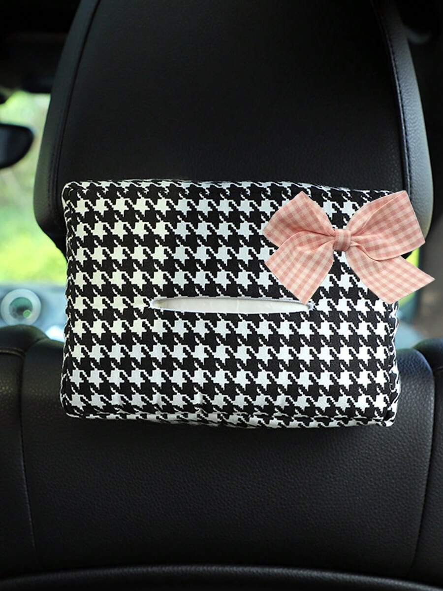 1pc Car Tissue Box With Pink/Red Bow Tie, Plaid Sunshade Tissue Holder, Multi-Functional Car Napkin Box Accessories - A - View 1