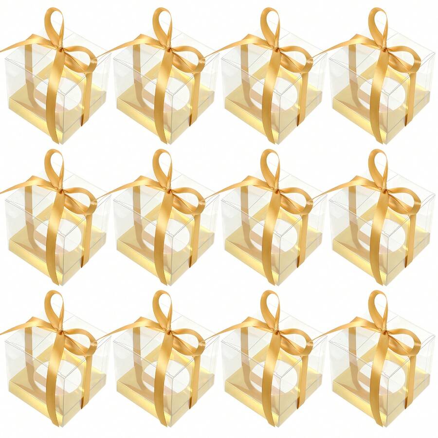 10个透明纸杯蛋糕托架，带丝带和插签，适用于婚礼派对烘焙，可单独盛放纸杯蛋糕，非常适合婚礼、生日、主题派对，也适合烘焙店展示纸杯蛋糕、甜点、糖果、饼干、松饼、水果、零食、食品。