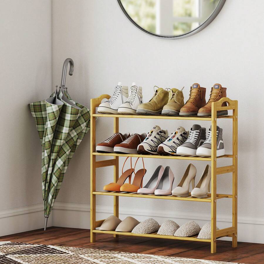 HOMCOM Zapatero de 4 Niveles Estantería para Zapatos de Bambú para 12 Pares de Zapatos para Entrada Pasillo Dormitorio 67,5x24,7x72 cm - Madera Natural - Ver 1
