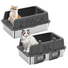 Paquete de 2 cajas de arena de acero inoxidable con tapa bandeja grande para gatos grandes 24 pulgadas de largo x 16 pulgadas de ancho x 9.8 pulgadas de alto caja de arena de metal de lados altos - Gris - Ver 1