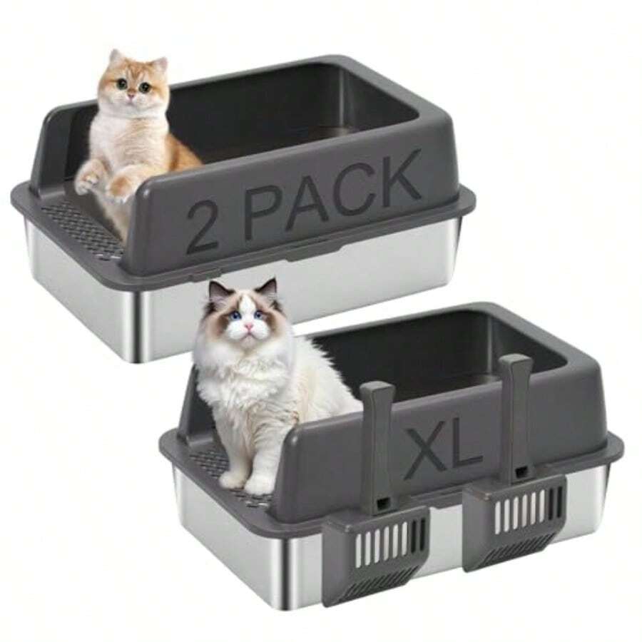 Paquete de 2 cajas de arena de acero inoxidable con tapa bandeja grande para gatos grandes 24 pulgadas de largo x 16 pulgadas de ancho x 9.8 pulgadas de alto caja de arena de metal de lados altos - Gris - Ver 1