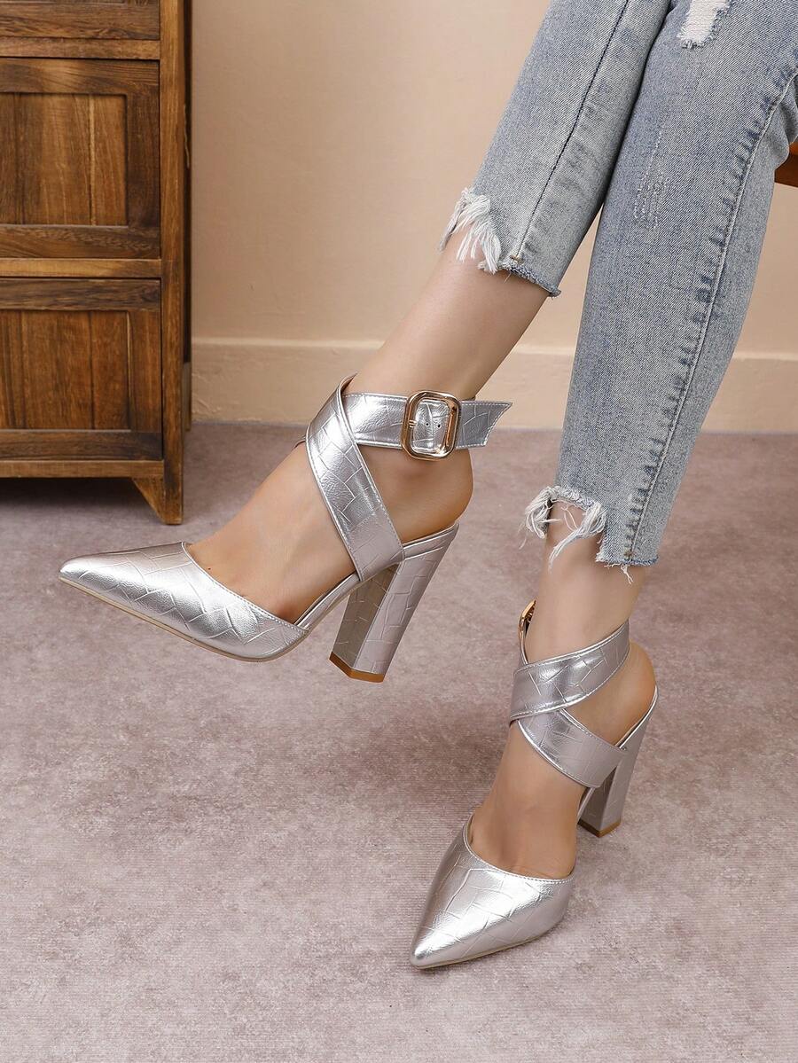 女士尖头细高跟露跟时尚香槟色/黑色/白色性感高跟鞋，带踝带 - 銀色 - 查看 1