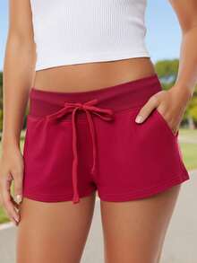 Pantalones cortos de verano con cordón para mujer, informales, elegantes, de color liso, de tiro bajo, para la vida diaria, la playa y más. - Rojo - Ver 2