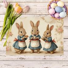 2/4/6/8pcs Rectangular Vintage Easter Happy Placemats, Vintage Easter Dining Table Decor With 3pcs Brown Rabbit Apron Floral Pattern, Seasonal Holiday Placemats For Kitchen Dining Room